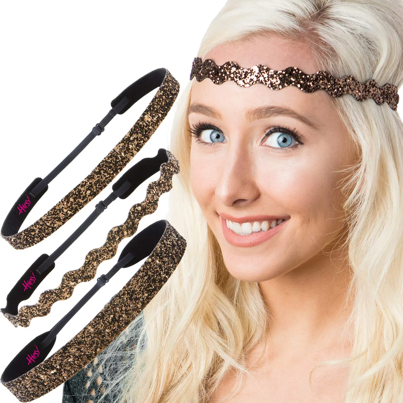 Hipsy PETITE Size, Adjustable No Slip Sparkly Bling Mixed 3pk Headbands for Women Girls & Teens (Bling Glitter Mixed Brown)