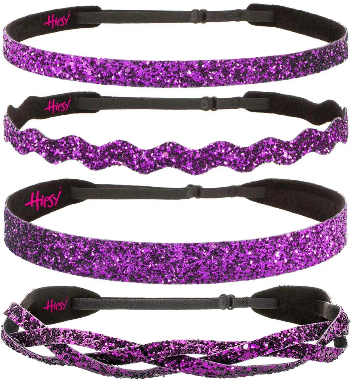 Hipsy PETITE Size, Adjustable No Slip Sparkly Bling Mixed 4pk Headbands for Women Girls & Teens (Bling Glitter Mixed Fuchsia)