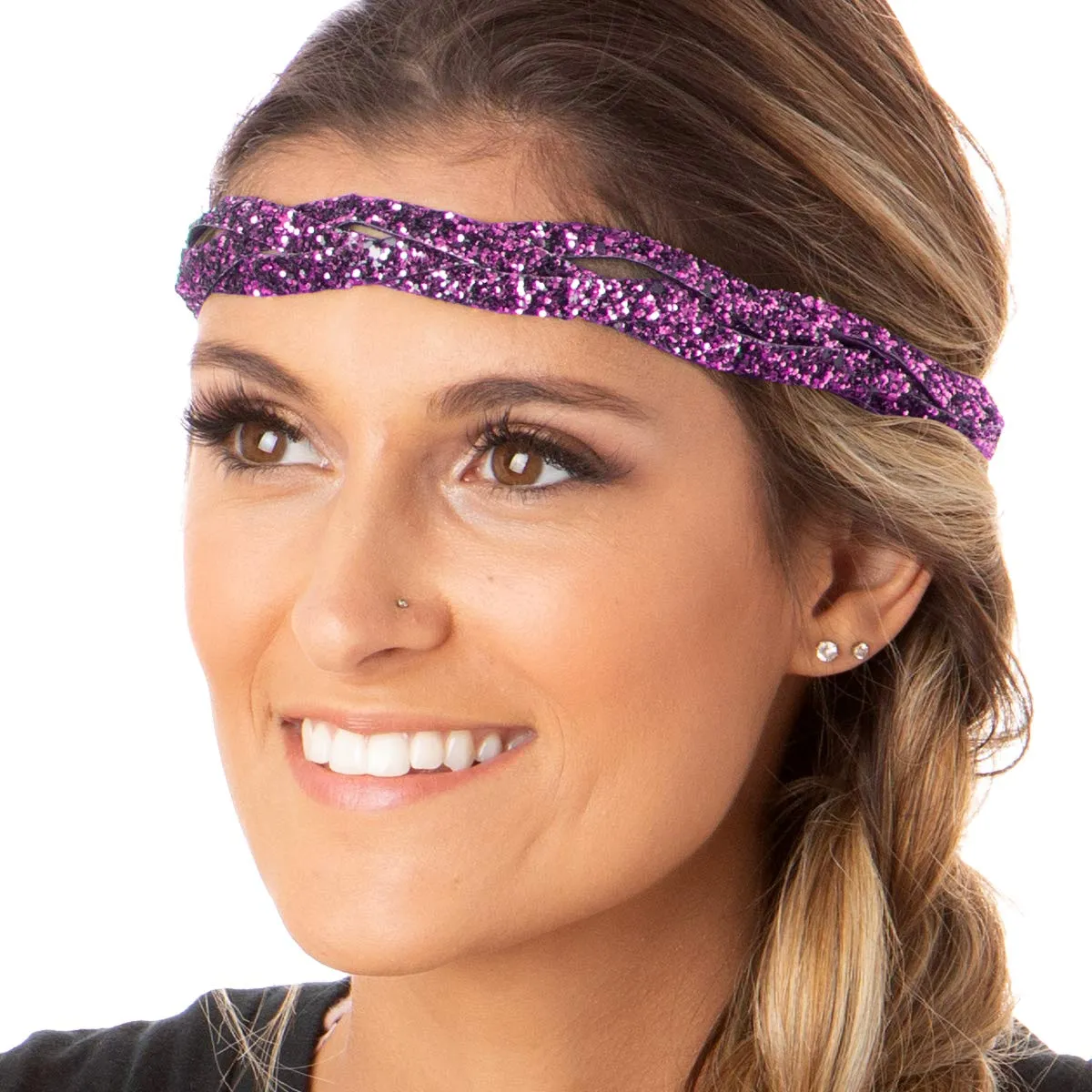 Hipsy PETITE Size, Adjustable No Slip Sparkly Bling Mixed 4pk Headbands for Women Girls & Teens (Bling Glitter Mixed Fuchsia)