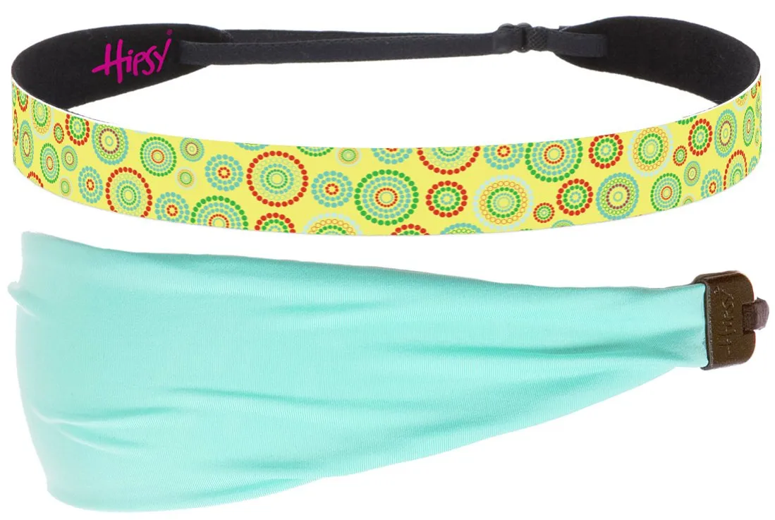 Hipsy Xflex & Fashion Printed No Slip Headband Mixed 2-packs for Women Girls Teens (Mint Xflex & Yellow Dotted Circles)