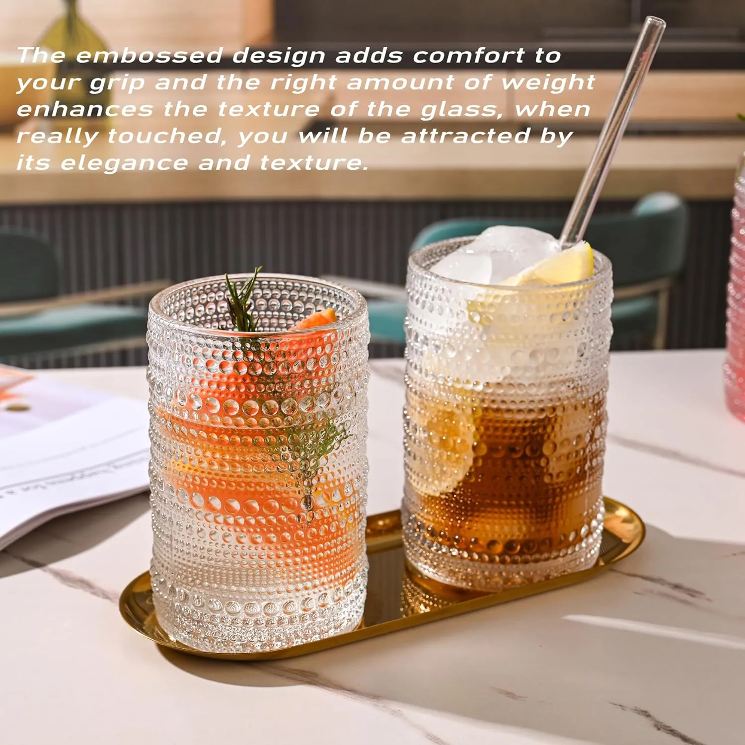 Hobnail Drinking Glasses with Straws 15oz Vintage Glassware Set of 6 Embossed Vintage Water Cups, Highball Glasses for Cocktail,Whiskey,Beer and Juic