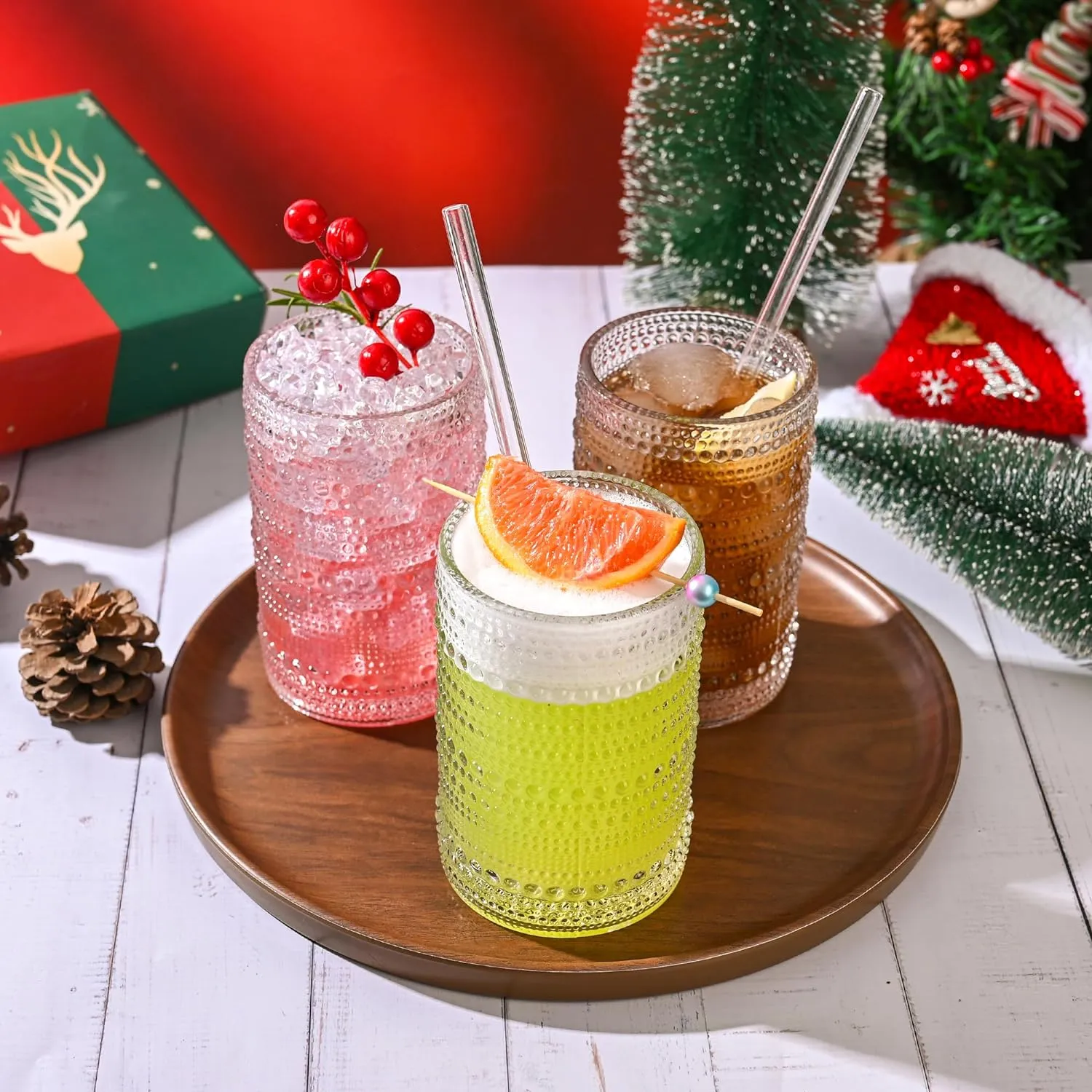 Hobnail Drinking Glasses with Straws 15oz Vintage Glassware Set of 6 Embossed Vintage Water Cups, Highball Glasses for Cocktail,Whiskey,Beer and Juic