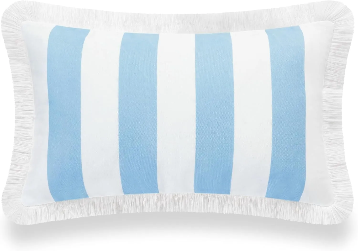 Hofdeco Premium Coastal Hampton Style Patio Indoor Outdoor Lumbar Pillow Cover Only, 12"x20" Water Resistant for Backyard, Couch, Baby Blue Stripe Fringe