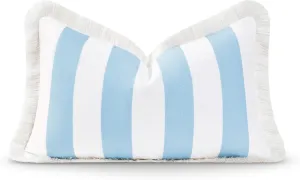 Hofdeco Premium Coastal Hampton Style Patio Indoor Outdoor Lumbar Pillow Cover Only, 12"x20" Water Resistant for Backyard, Couch, Baby Blue Stripe Fringe
