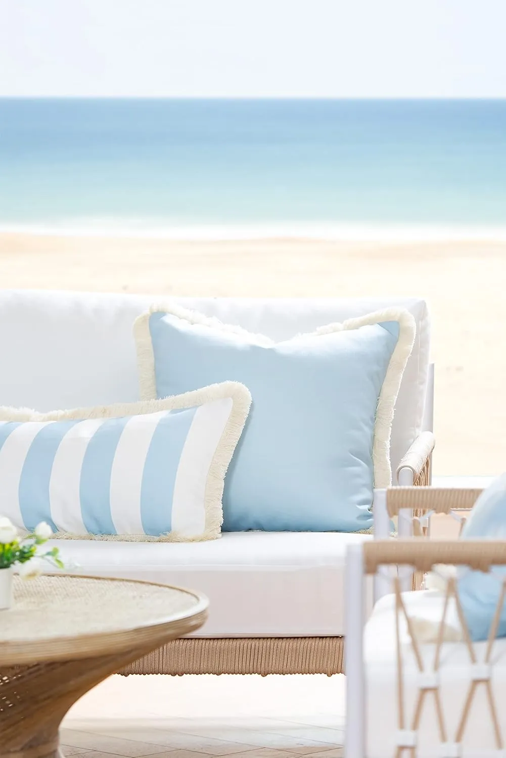 Hofdeco Premium Coastal Hampton Style Patio Indoor Outdoor Lumbar Pillow Cover Only, 12"x20" Water Resistant for Backyard, Couch, Baby Blue Stripe Fringe