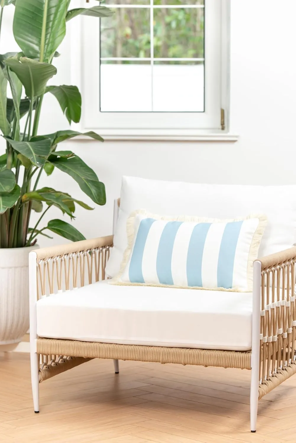 Hofdeco Premium Coastal Hampton Style Patio Indoor Outdoor Lumbar Pillow Cover Only, 12"x20" Water Resistant for Backyard, Couch, Baby Blue Stripe Fringe