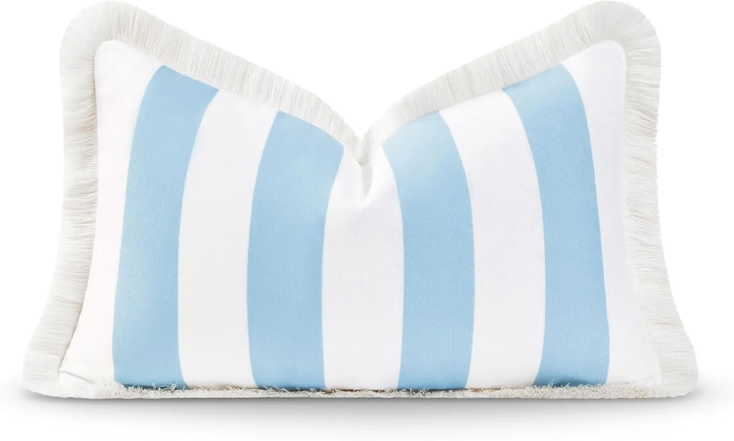 Hofdeco Premium Coastal Hampton Style Patio Indoor Outdoor Lumbar Pillow Cover Only, 12"x20" Water Resistant for Backyard, Couch, Baby Blue Stripe Fringe