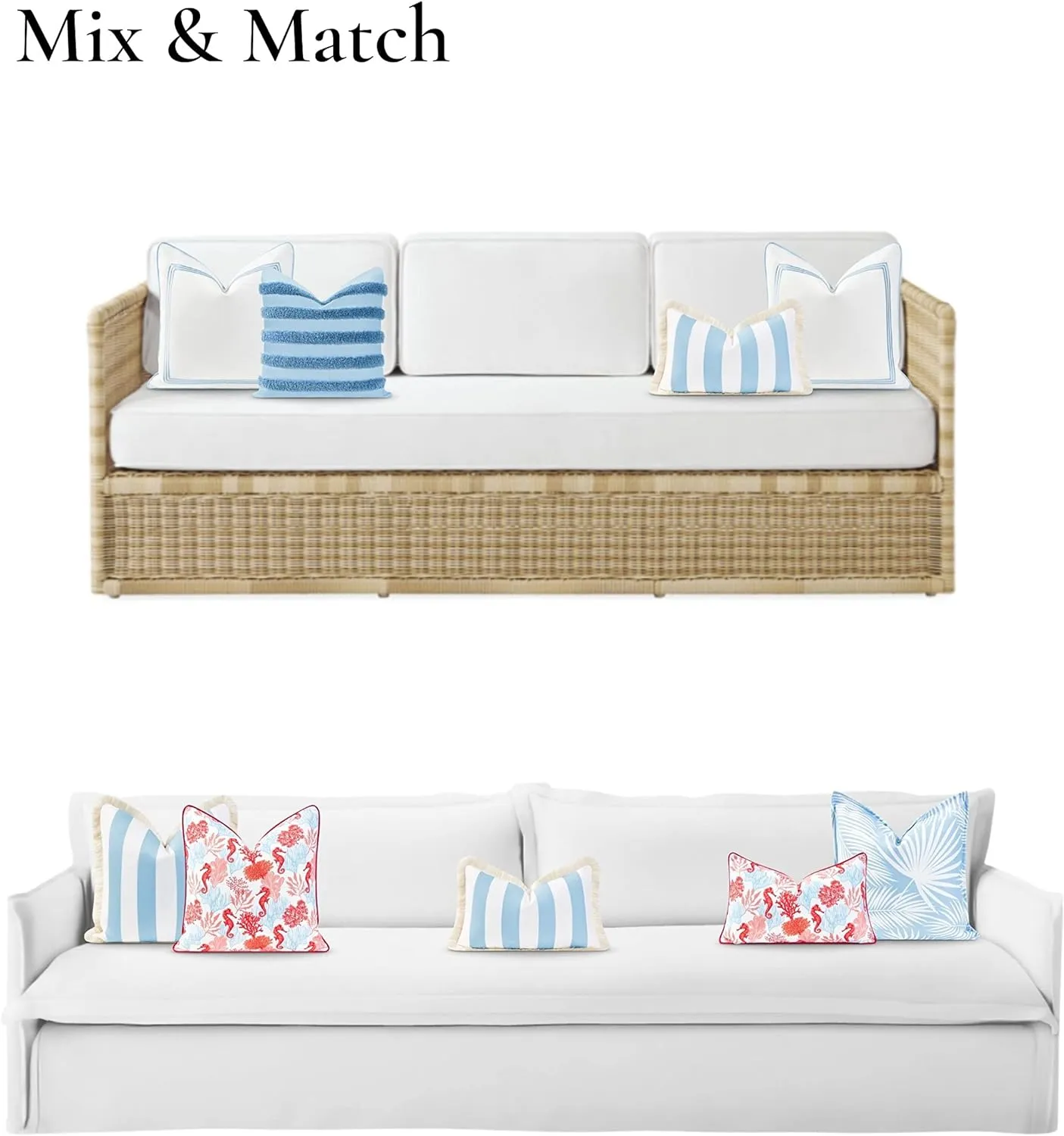 Hofdeco Premium Coastal Hampton Style Patio Indoor Outdoor Lumbar Pillow Cover Only, 12"x20" Water Resistant for Backyard, Couch, Baby Blue Stripe Fringe