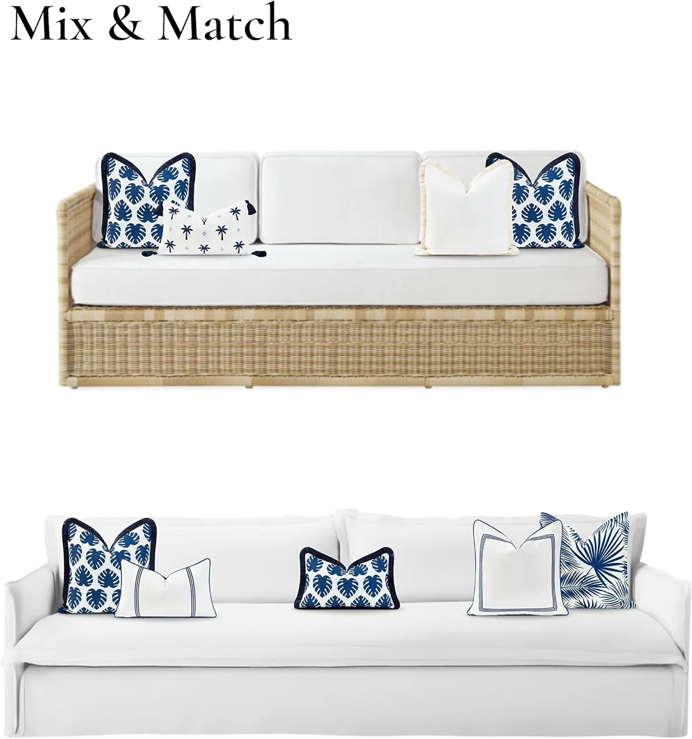 Hofdeco Premium Coastal Hampton Style Patio Indoor Outdoor Pillow Cover Only, 20"x20" Water Resistant for Backyard, Couch, Navy Blue Monstera Leaf Fringe