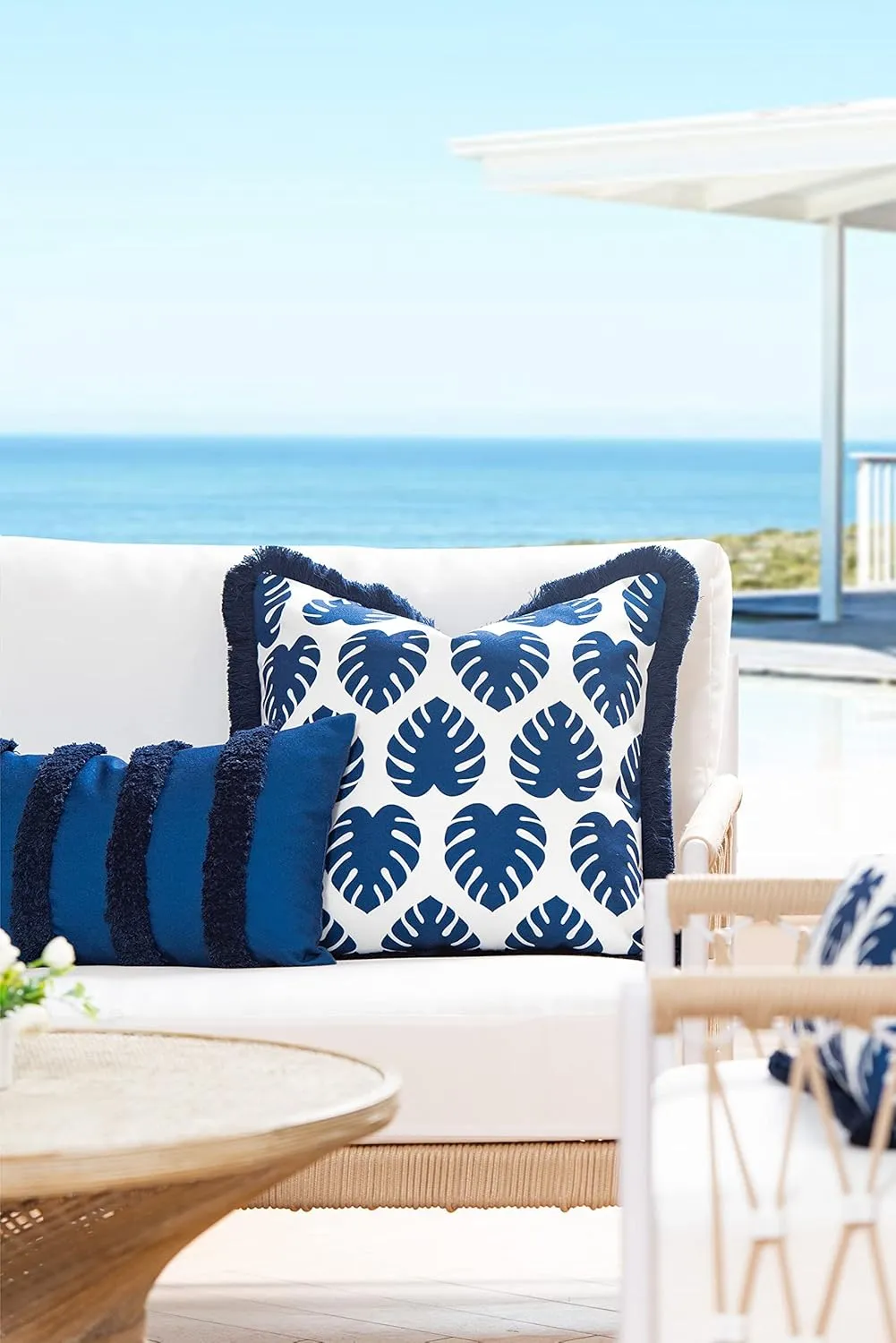 Hofdeco Premium Coastal Hampton Style Patio Indoor Outdoor Pillow Cover Only, 20"x20" Water Resistant for Backyard, Couch, Navy Blue Monstera Leaf Fringe