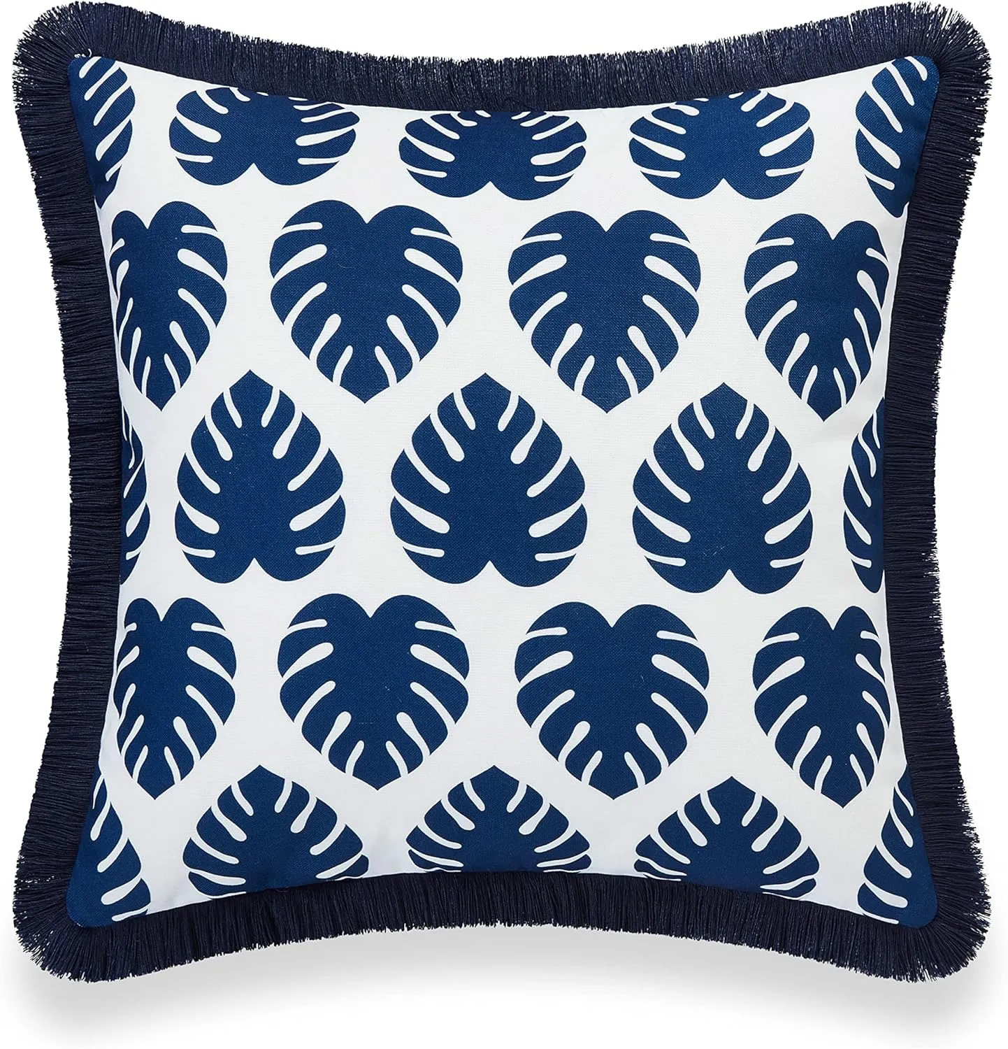 Hofdeco Premium Coastal Hampton Style Patio Indoor Outdoor Pillow Cover Only, 20"x20" Water Resistant for Backyard, Couch, Navy Blue Monstera Leaf Fringe