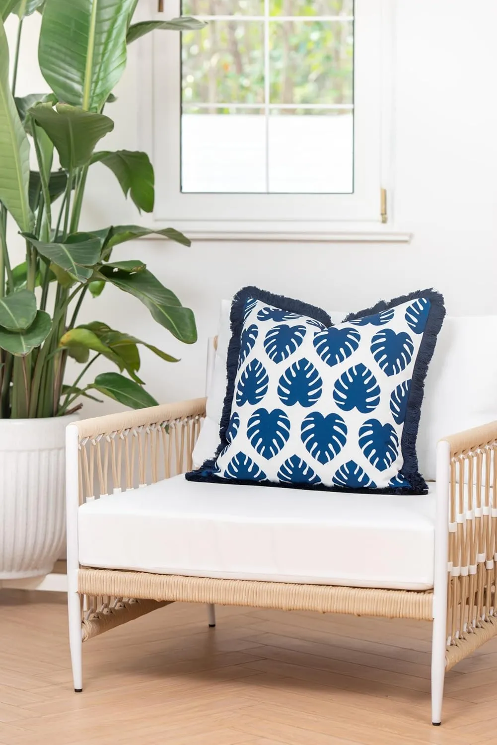 Hofdeco Premium Coastal Hampton Style Patio Indoor Outdoor Pillow Cover Only, 20"x20" Water Resistant for Backyard, Couch, Navy Blue Monstera Leaf Fringe