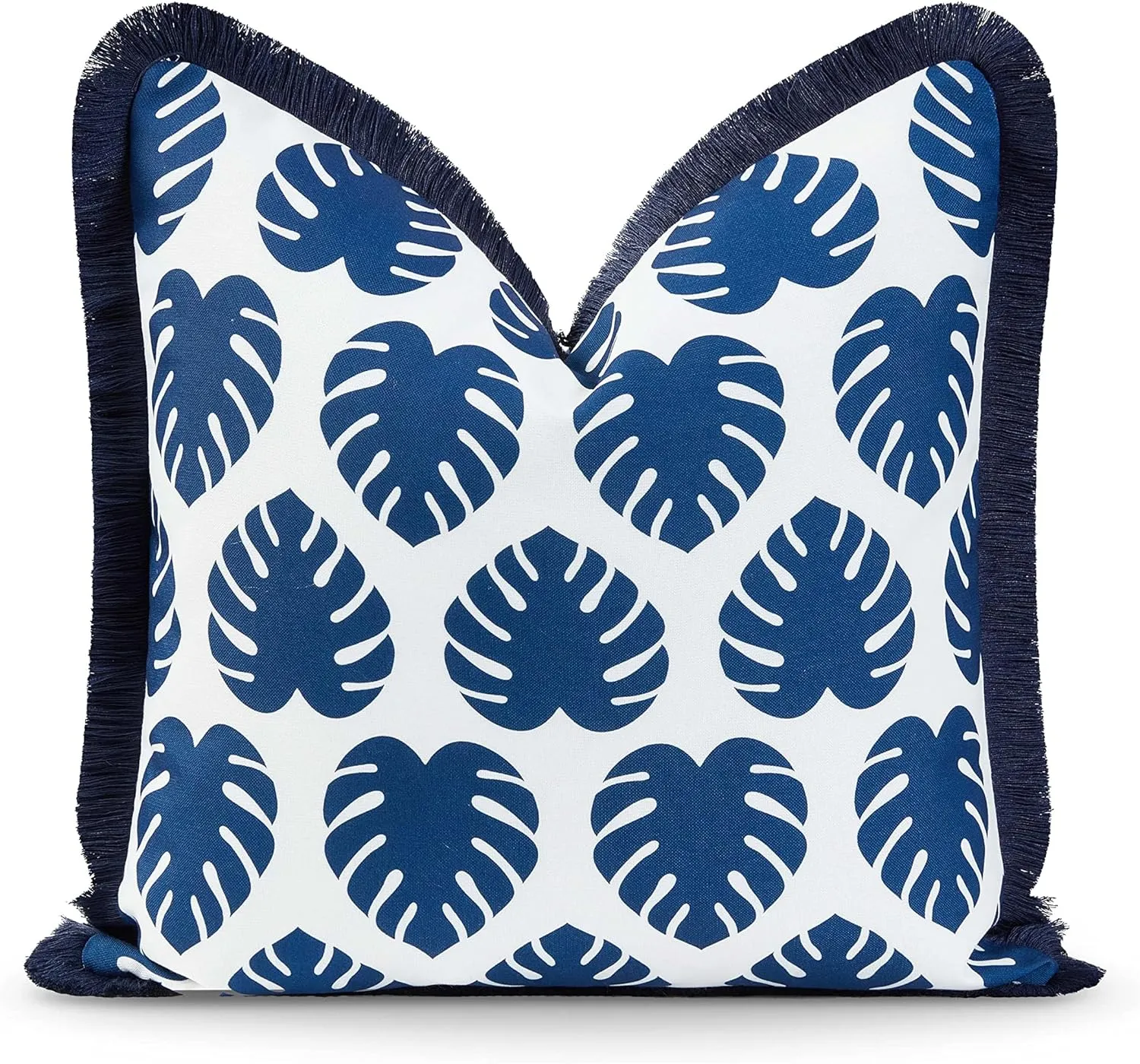 Hofdeco Premium Coastal Hampton Style Patio Indoor Outdoor Pillow Cover Only, 20"x20" Water Resistant for Backyard, Couch, Navy Blue Monstera Leaf Fringe