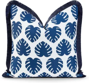 Hofdeco Premium Coastal Hampton Style Patio Indoor Outdoor Pillow Cover Only, 20"x20" Water Resistant for Backyard, Couch, Navy Blue Monstera Leaf Fringe