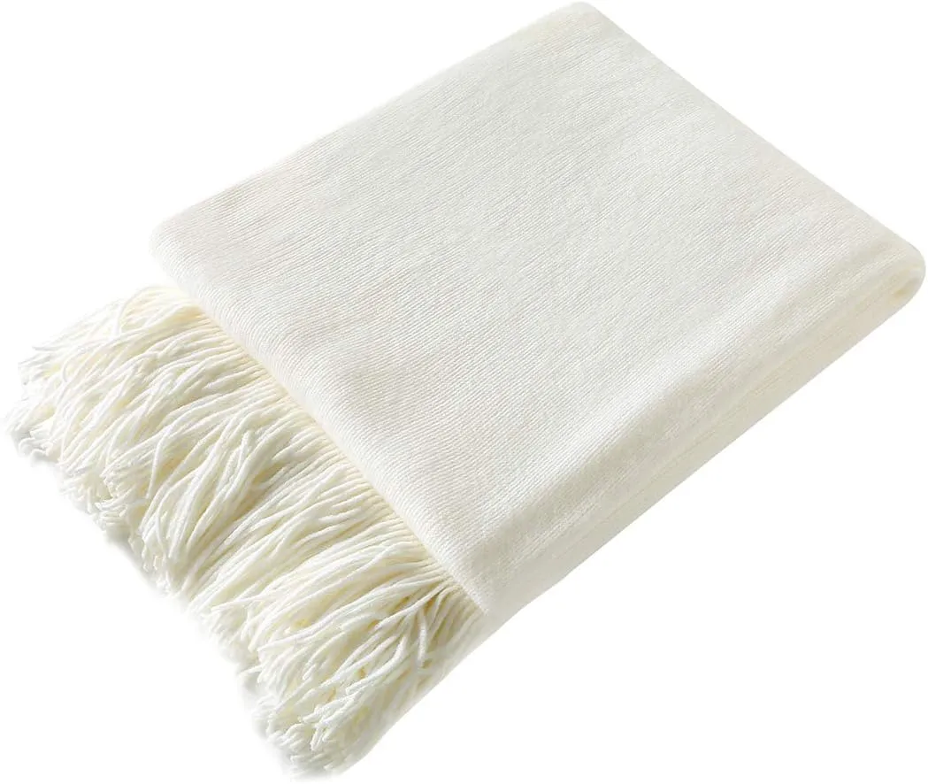 Homiest Decorative Knitted Throw Blanket with Fringe Soft & Cozy Tassel Blanket for Couch Sofa Bed- 50 x 60 (50" x 60", Ivory)