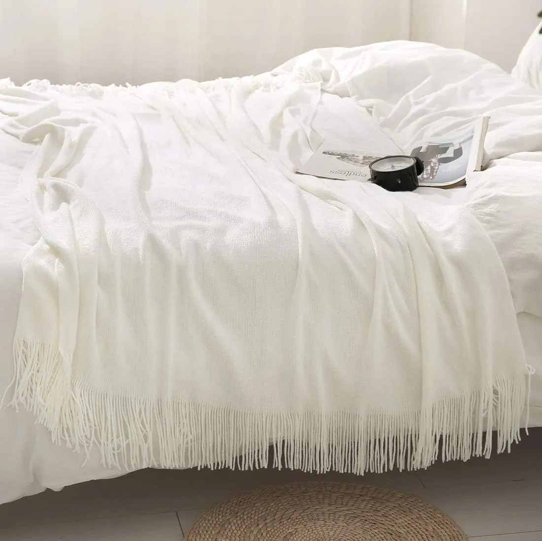 Homiest Decorative Knitted Throw Blanket with Fringe Soft & Cozy Tassel Blanket for Couch Sofa Bed- 50 x 60 (50" x 60", Ivory)