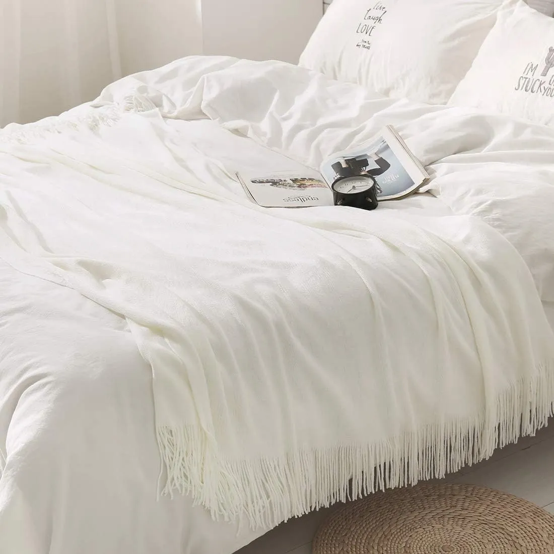 Homiest Decorative Knitted Throw Blanket with Fringe Soft & Cozy Tassel Blanket for Couch Sofa Bed- 50 x 60 (50" x 60", Ivory)