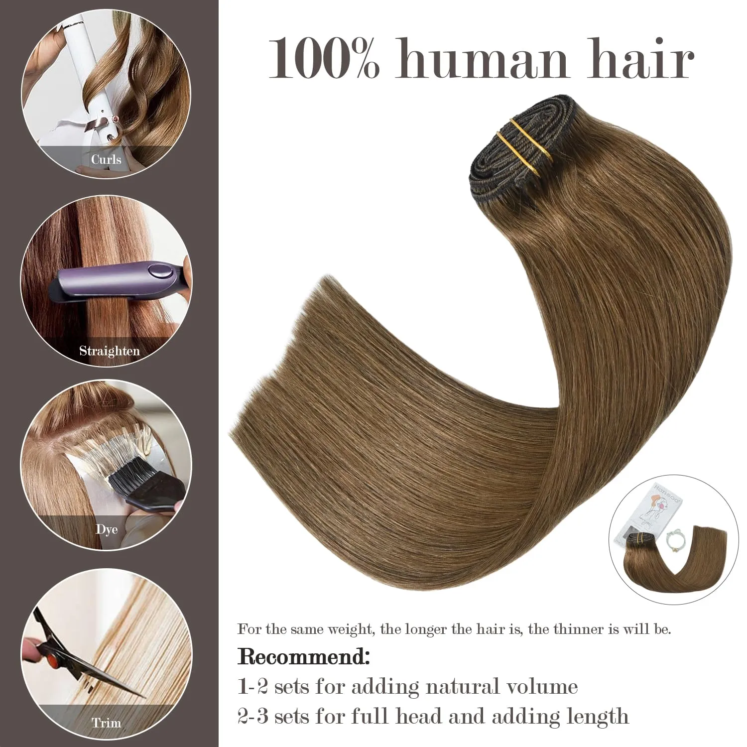 Honsoo Chestnut Brown Remy Clip In Hair Extensions Real Human Hair 18inch 70g 7pcs Sliky & Soft Clip ins