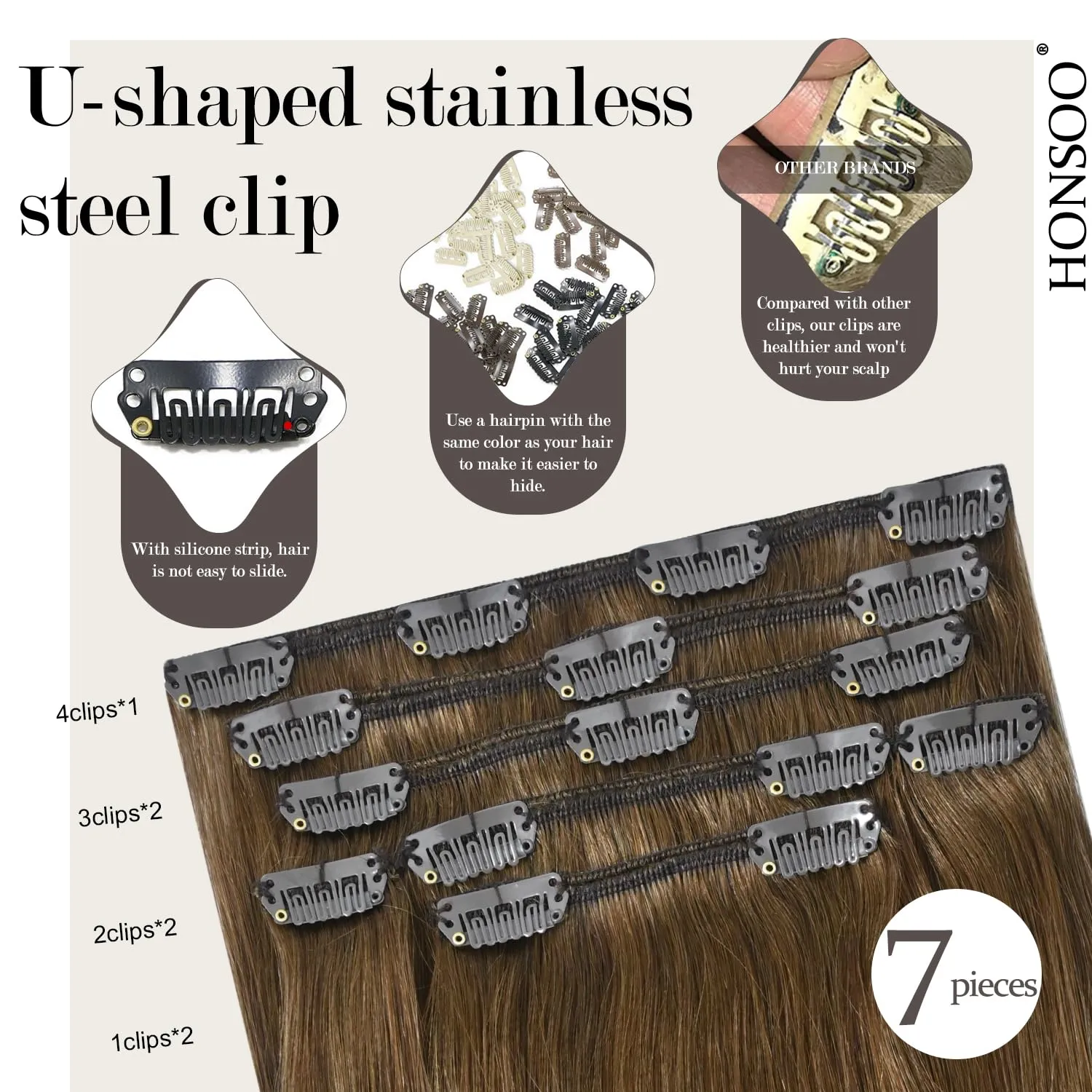 Honsoo Chestnut Brown Remy Clip In Hair Extensions Real Human Hair 18inch 70g 7pcs Sliky & Soft Clip ins