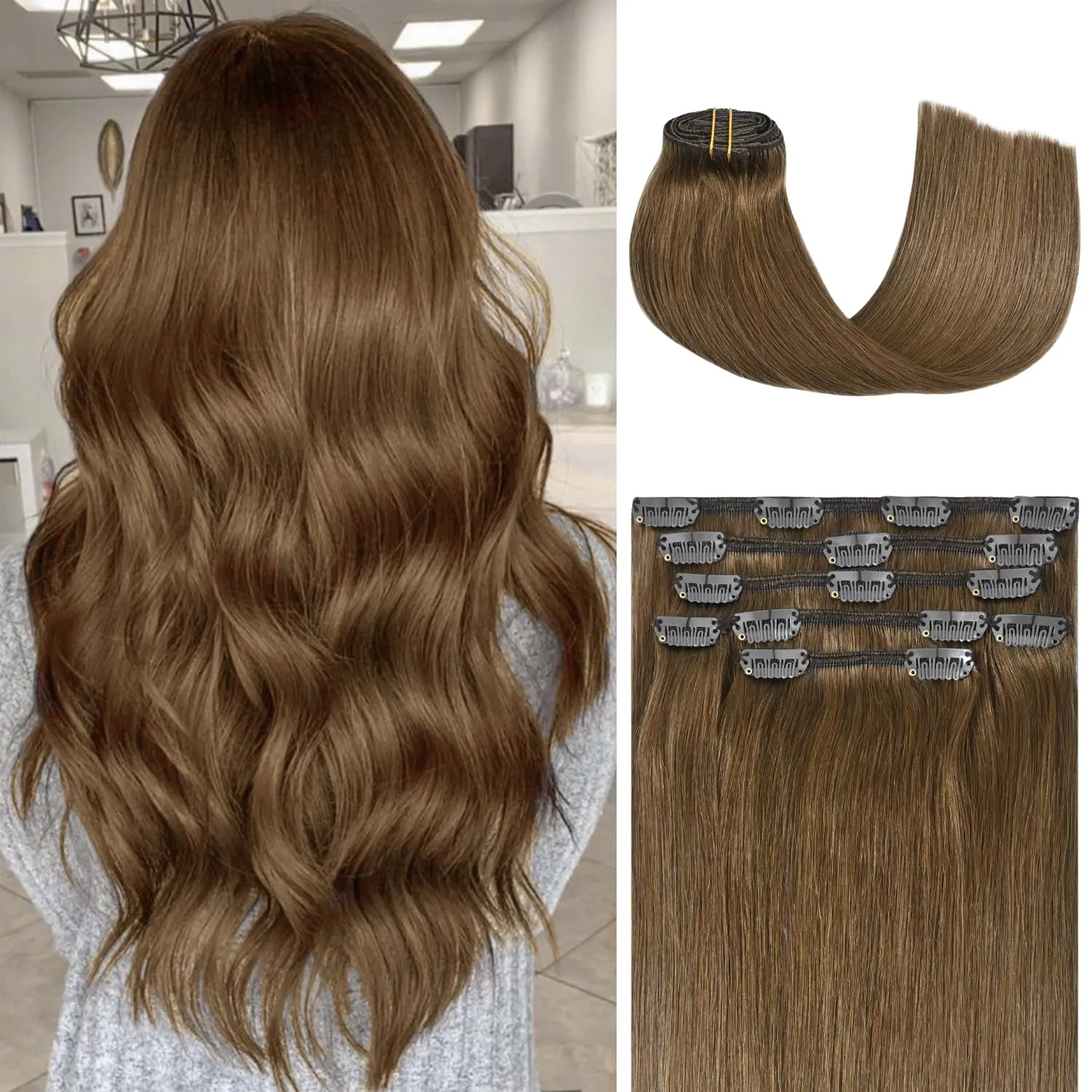 Honsoo Chestnut Brown Remy Clip In Hair Extensions Real Human Hair 18inch 70g 7pcs Sliky & Soft Clip ins