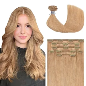 Honsoo Clip In Hair Extensions Golden Brown Real Human Hair Reddish Blonde 18in 70g 7pcs Vrigin Natural Hair Extensions For Women