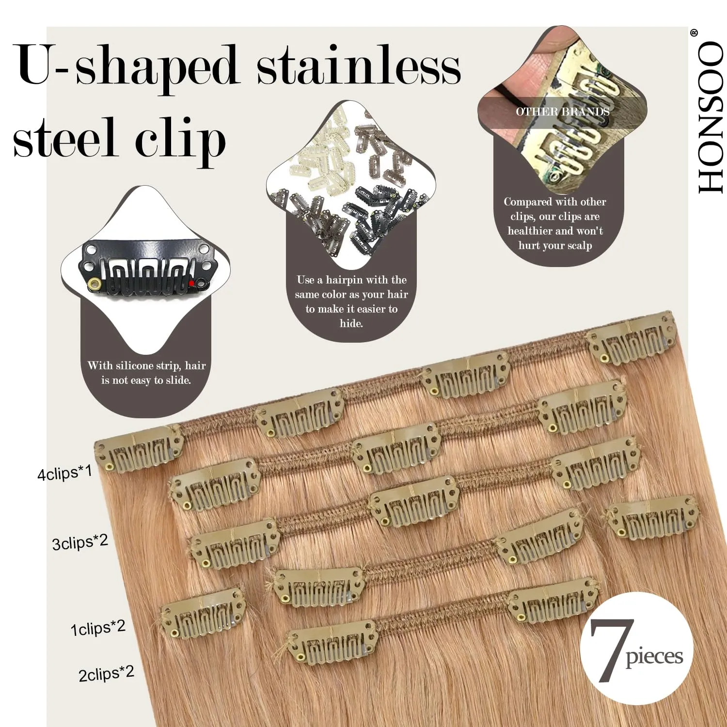 Honsoo Clip In Hair Extensions Golden Brown Real Human Hair Reddish Blonde 18in 70g 7pcs Vrigin Natural Hair Extensions For Women