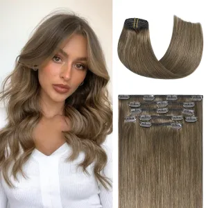 Honsoo Clip in Human Hair Extensions Ash Brown Remy Human Hair Extensions 70g 7pcs 18Inch Silky Straight Brown Natural Human Hair