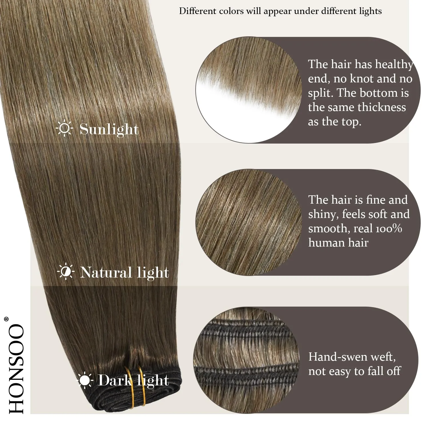 Honsoo Clip in Human Hair Extensions Ash Brown Remy Human Hair Extensions 70g 7pcs 18Inch Silky Straight Brown Natural Human Hair