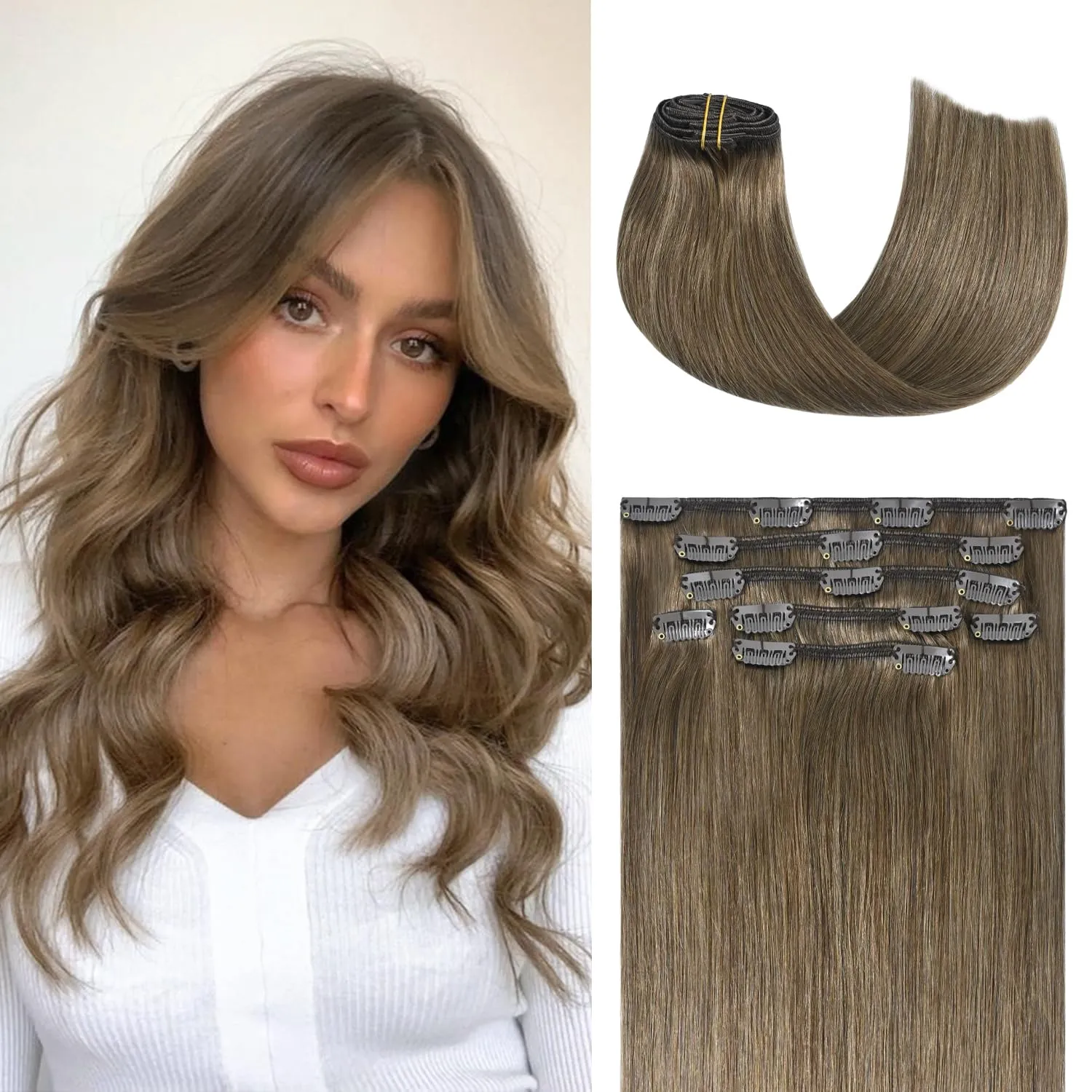 Honsoo Clip in Human Hair Extensions Ash Brown Remy Human Hair Extensions 70g 7pcs 18Inch Silky Straight Brown Natural Human Hair