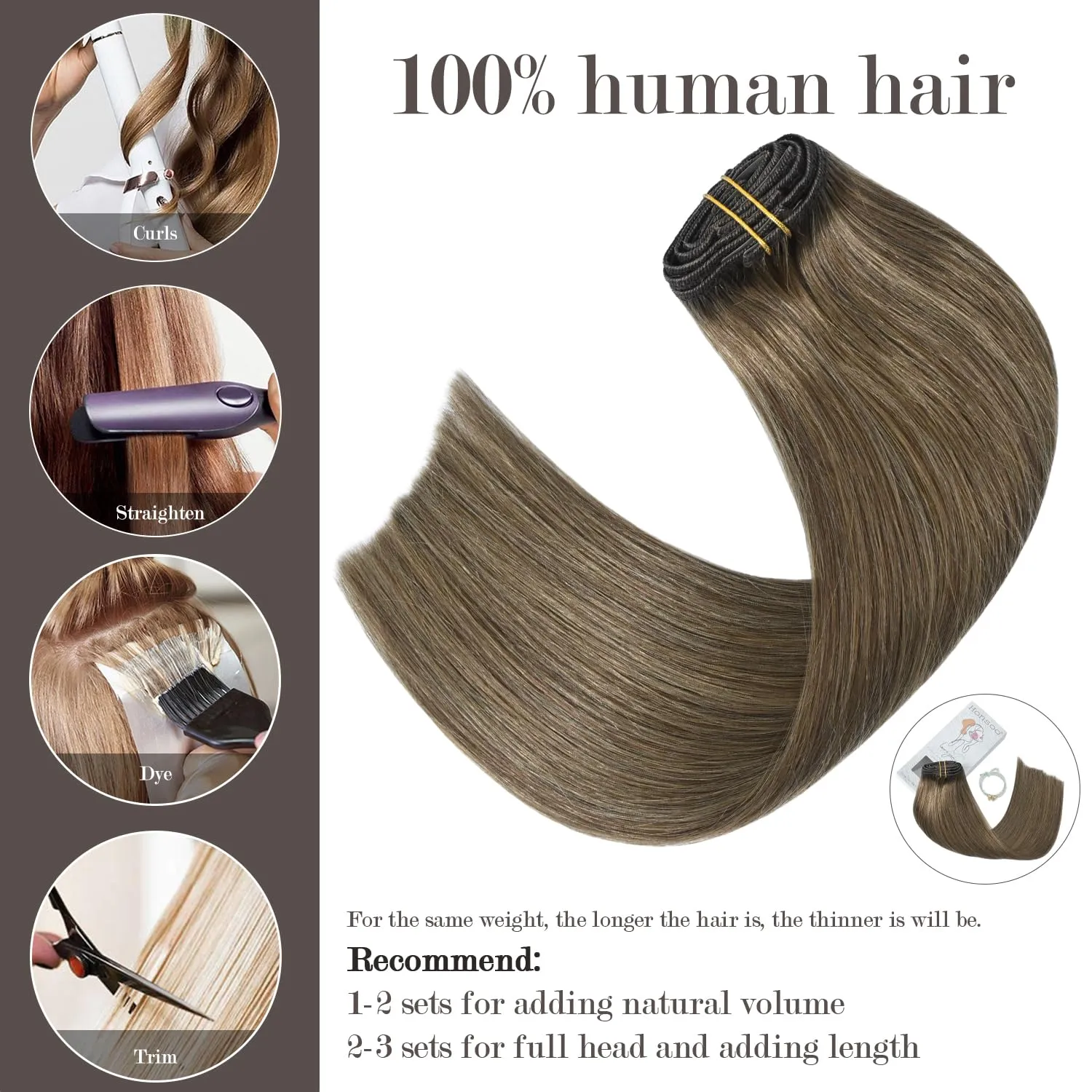 Honsoo Clip in Human Hair Extensions Ash Brown Remy Human Hair Extensions 70g 7pcs 18Inch Silky Straight Brown Natural Human Hair