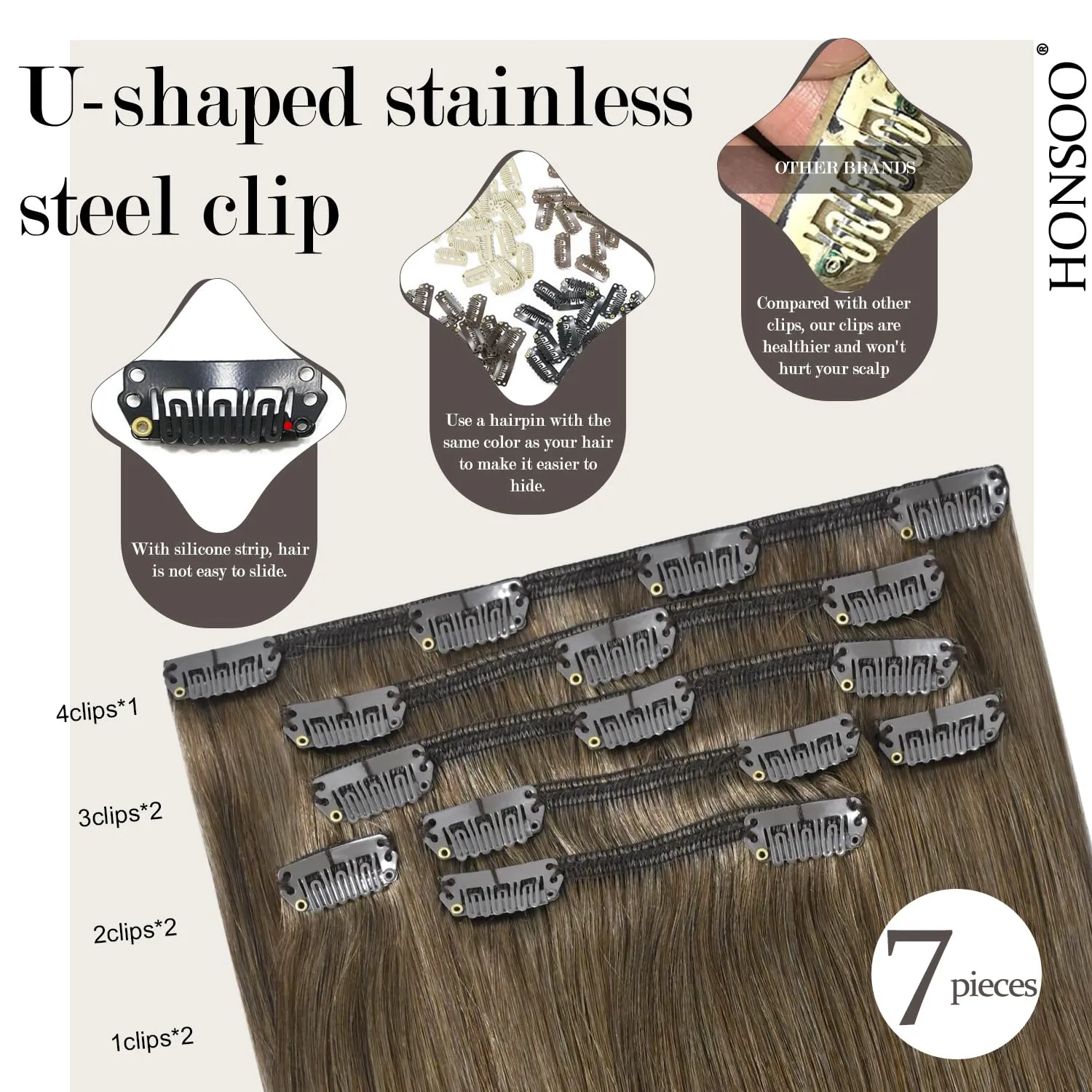 Honsoo Clip in Human Hair Extensions Ash Brown Remy Human Hair Extensions 70g 7pcs 18Inch Silky Straight Brown Natural Human Hair