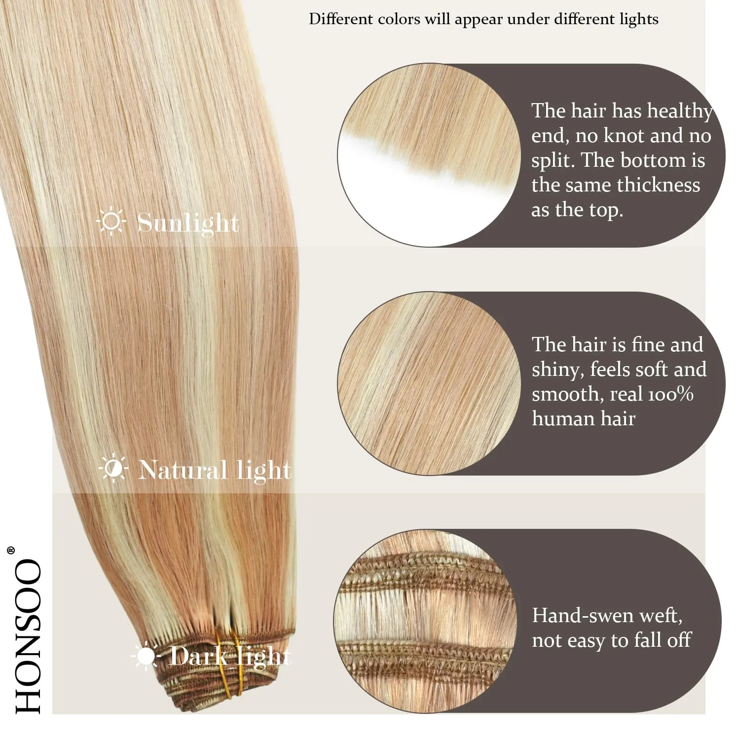 Honsoo Hair Extensions Strawberry Blonde to Bleach Blonde Highlights Balayage Clip in Hair Extensions Real Human Hair 70g 7pcs 15Inch