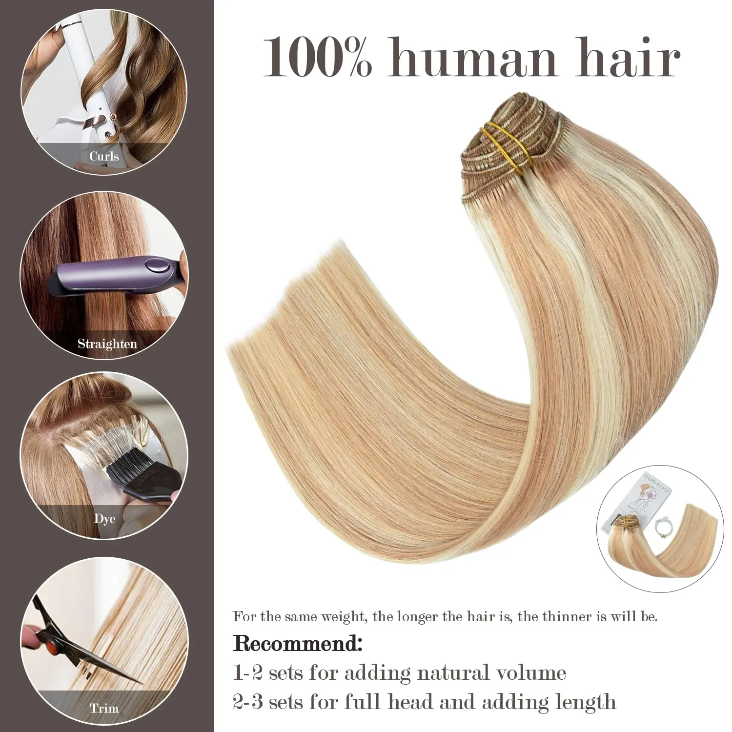 Honsoo Hair Extensions Strawberry Blonde to Bleach Blonde Highlights Balayage Clip in Hair Extensions Real Human Hair 70g 7pcs 15Inch
