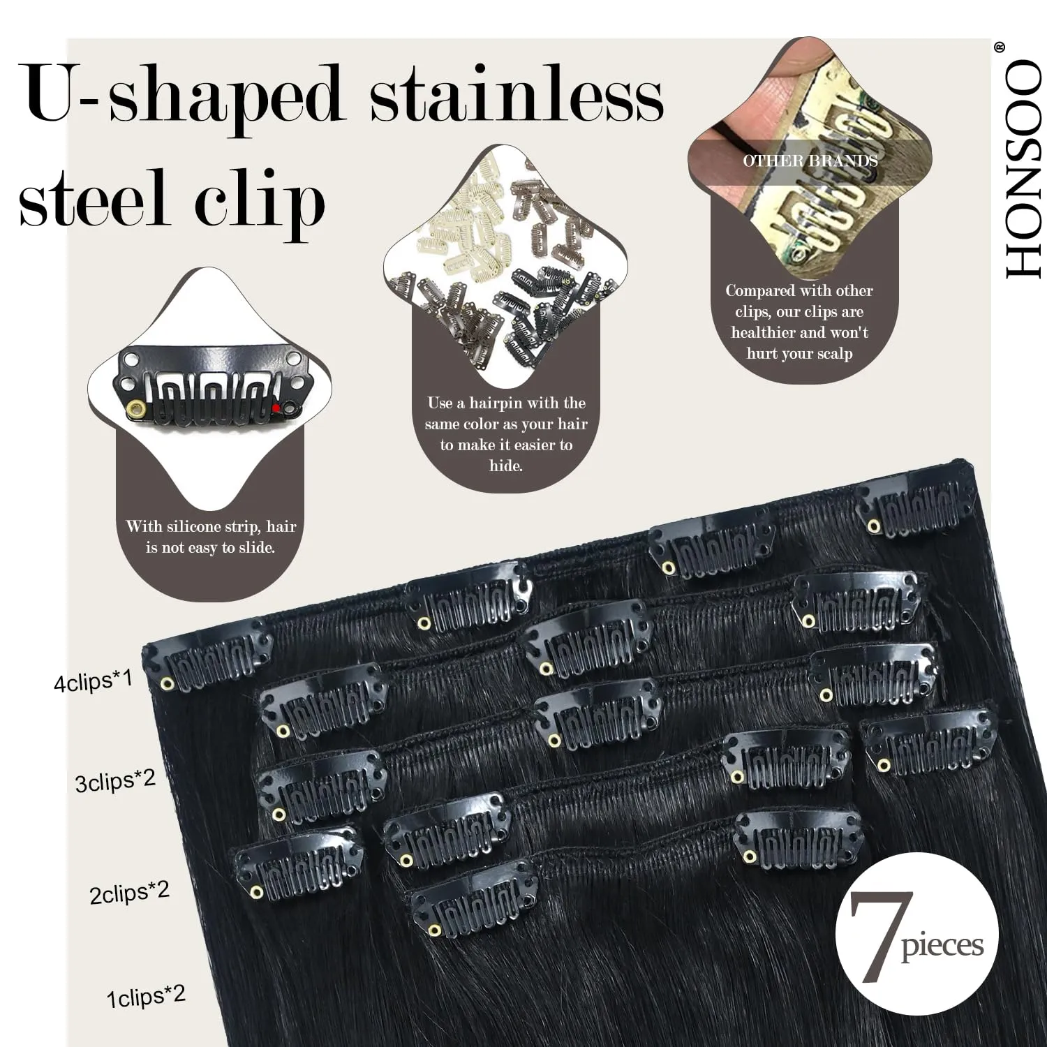 Honsoo Jet Black Clip In Hair Extensions Real Human Hair 18in 70g 7pcs Vrigin Natural Hair Remy Human Black Hair Extensions For Black Women