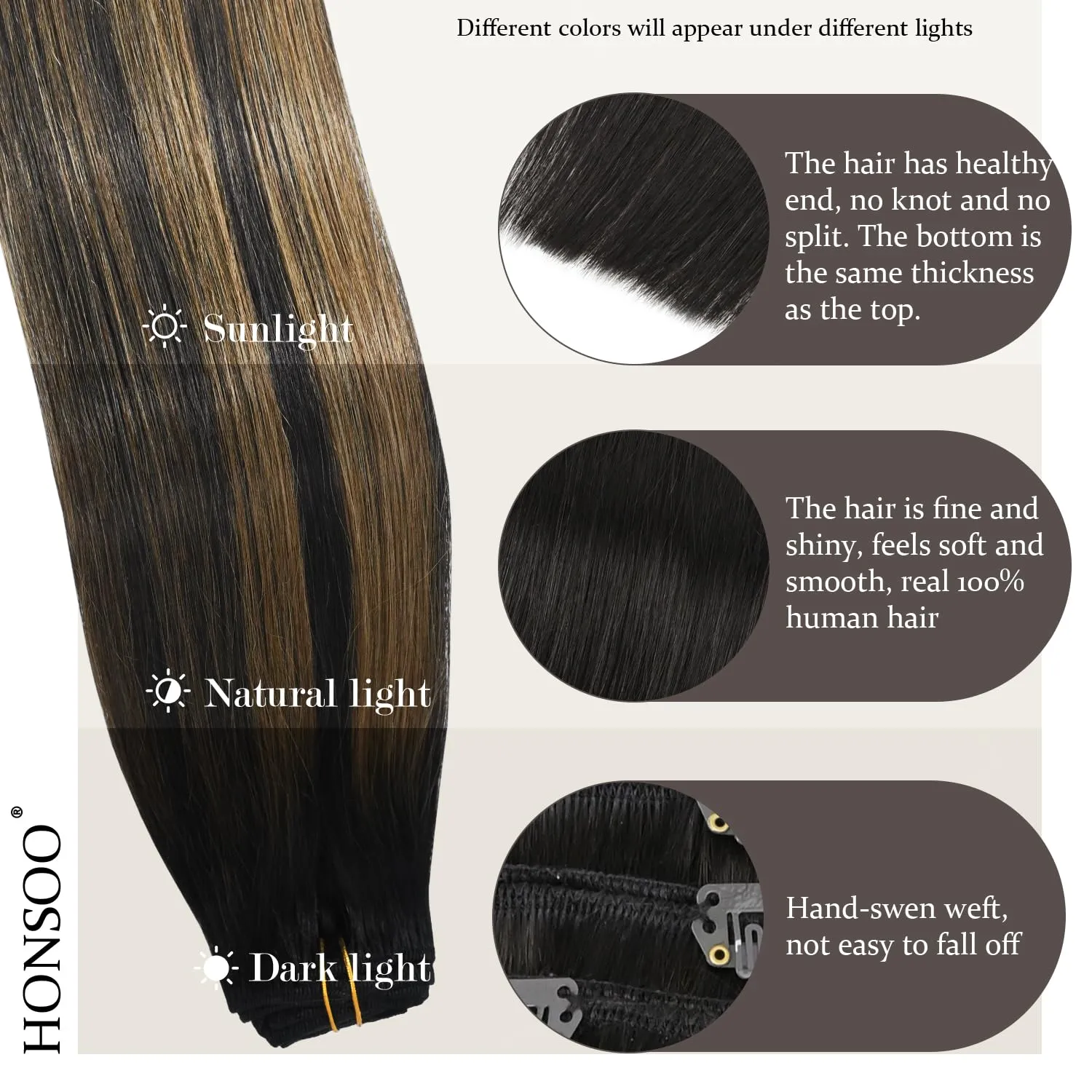 Honsoo Real Human Hair Clip In Hair Extensions 7pcs 15in 70g Natural Black to Chestnut Brown Silky Straight Hair For Full Head No Shedding