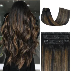 Honsoo Real Human Hair Clip In Hair Extensions 7pcs 15in 70g Natural Black to Chestnut Brown Silky Straight Hair For Full Head No Shedding