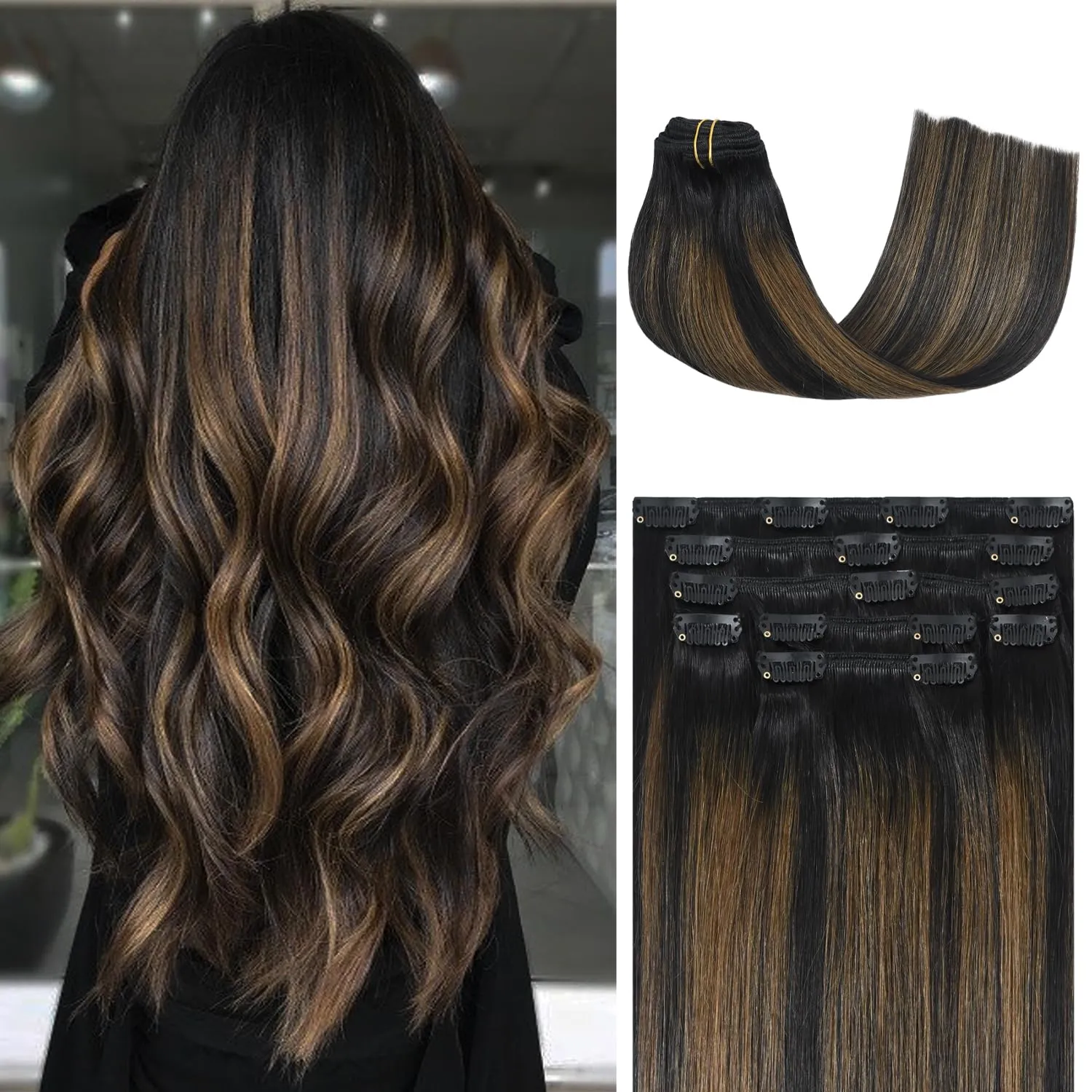 Honsoo Real Human Hair Clip In Hair Extensions 7pcs 15in 70g Natural Black to Chestnut Brown Silky Straight Hair For Full Head No Shedding