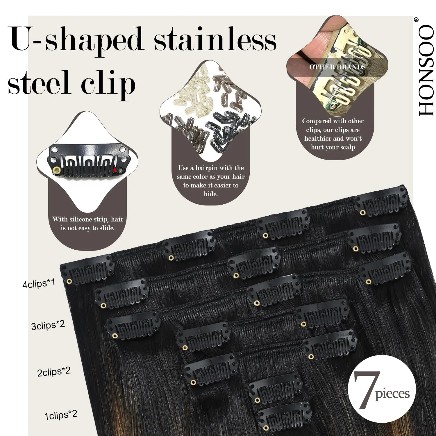 Honsoo Real Human Hair Clip In Hair Extensions 7pcs 15in 70g Natural Black to Chestnut Brown Silky Straight Hair For Full Head No Shedding
