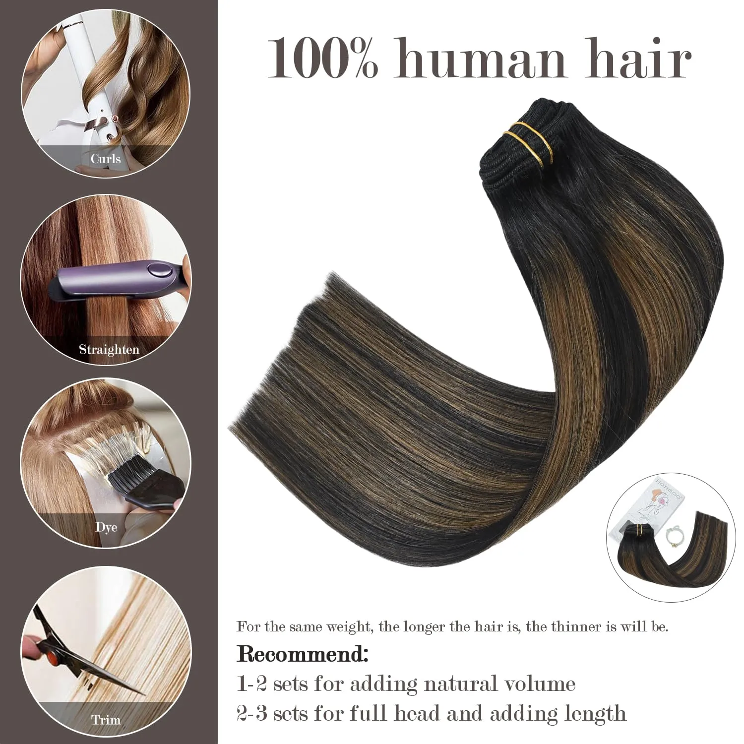 Honsoo Real Human Hair Clip In Hair Extensions 7pcs 15in 70g Natural Black to Chestnut Brown Silky Straight Hair For Full Head No Shedding