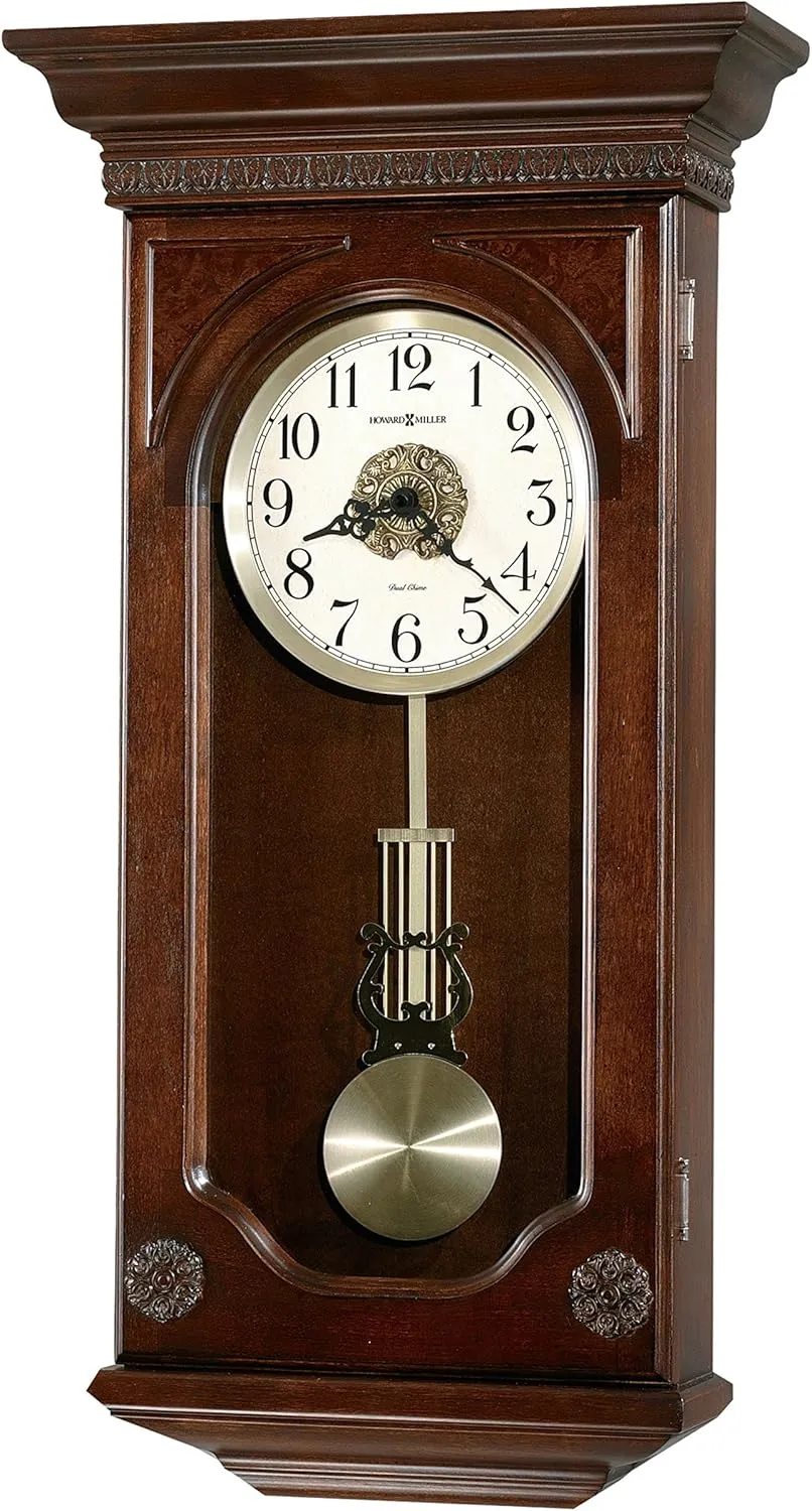 Howard Miller Jasmine Wall Clock, 27 Inches Hampton Cherry Finish Clock Top Illuminated Westminster Dual-Chime Movement Perfect for Office and Home Decor, Analog Display with Traditional Style