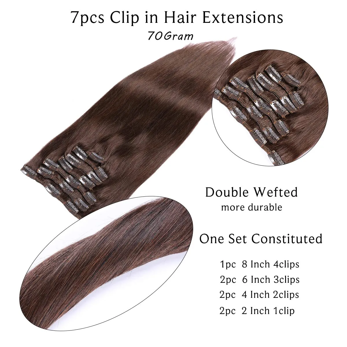 Human Hair Clip in Hair Extensions, Dark Brown Remy Hair Extensions Clip in 7 Pieces 70Gram Straight Double Weft Real Hair Extensions 20inch Clip on 2 Sets Full Head for Women