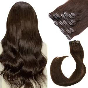 Human Hair Clip in Hair Extensions, Dark Brown Remy Hair Extensions Clip in 7 Pieces 70Gram Straight Double Weft Real Hair Extensions 20inch Clip on 2 Sets Full Head for Women