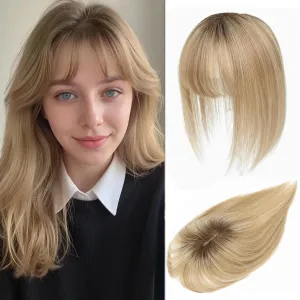 Human Hair Toppers for Women with Fringe 10 Inch Real HairPieces-360°3D Bangs for Thinning Hair Topper Swiss Base Medium Brown to Creamy Iced Blone（4T1016）