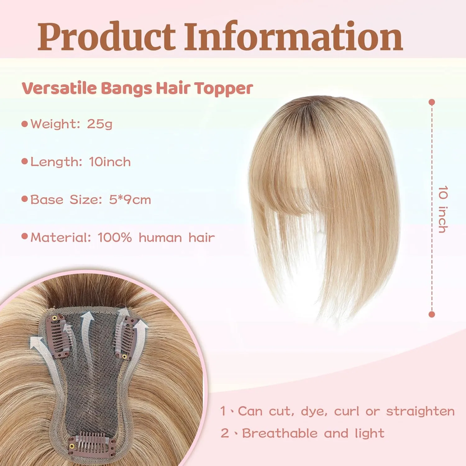 Human Hair Toppers for Women with Fringe 10 Inch Real HairPieces-360°3D Bangs for Thinning Hair Topper Swiss Base Medium Brown to Creamy Iced Blone（4T1016）