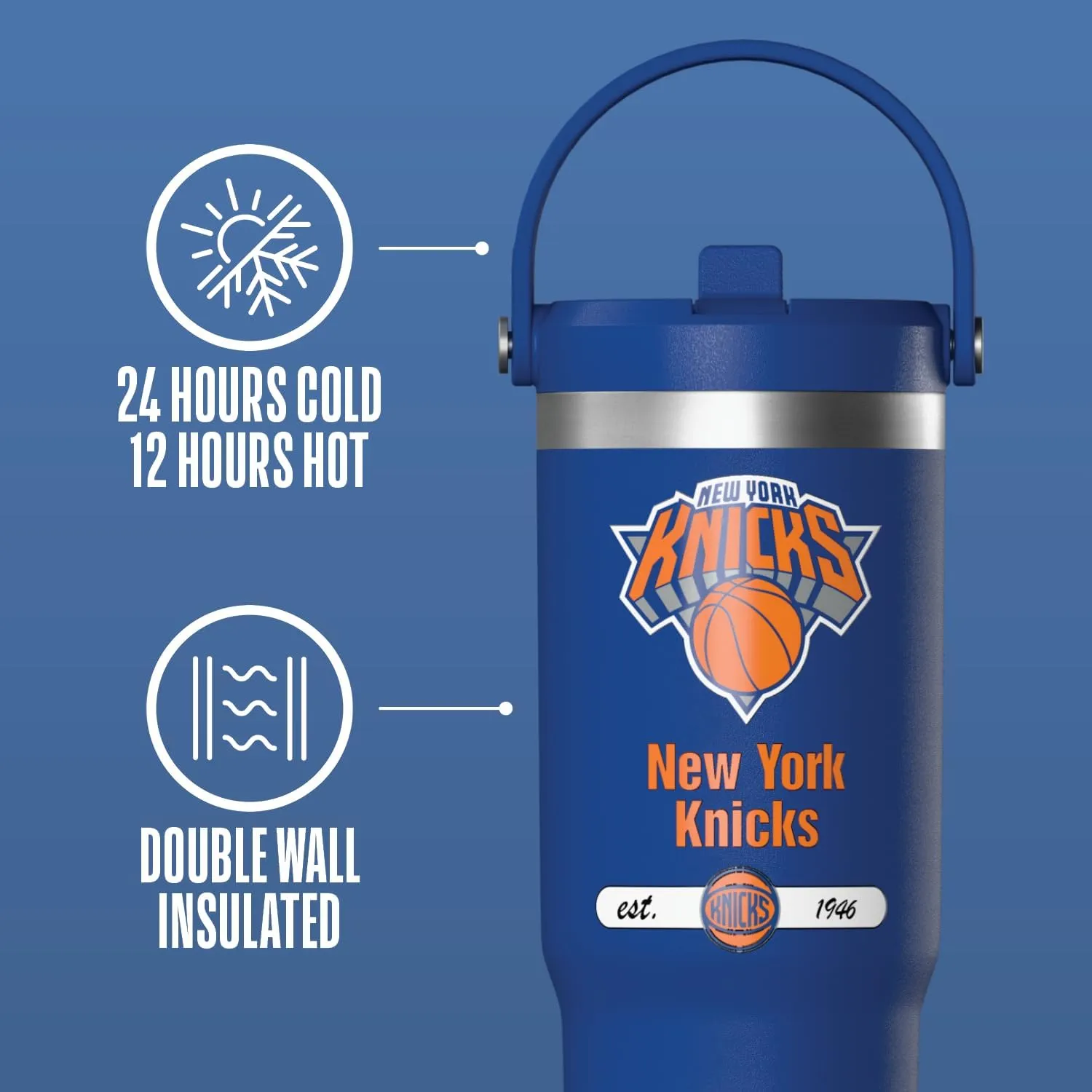 Hydrapeak x NBA Officially Licensed New York Knicks 32 oz Nomad Tumbler with Handle and Straw Lid, Leakproof Stainless Steel Water Bottle