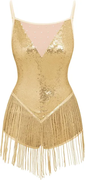 IBAKOM Women Fringe Sequins Bodysuit Latin Jazz Dance Dress Sparkly Tassel Rave Outfits Acrobat Circus Hip Hop Dance Costume