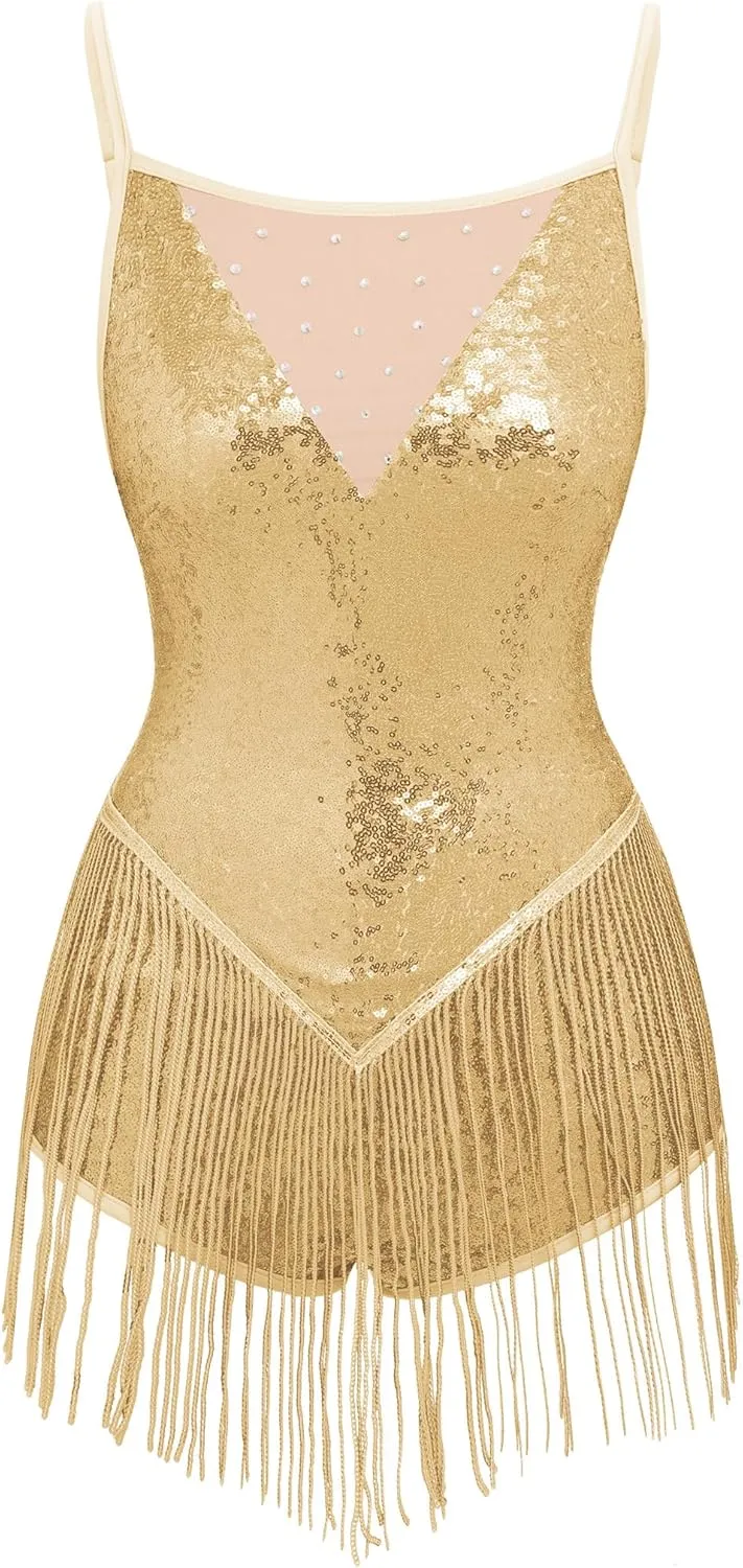 IBAKOM Women Fringe Sequins Bodysuit Latin Jazz Dance Dress Sparkly Tassel Rave Outfits Acrobat Circus Hip Hop Dance Costume