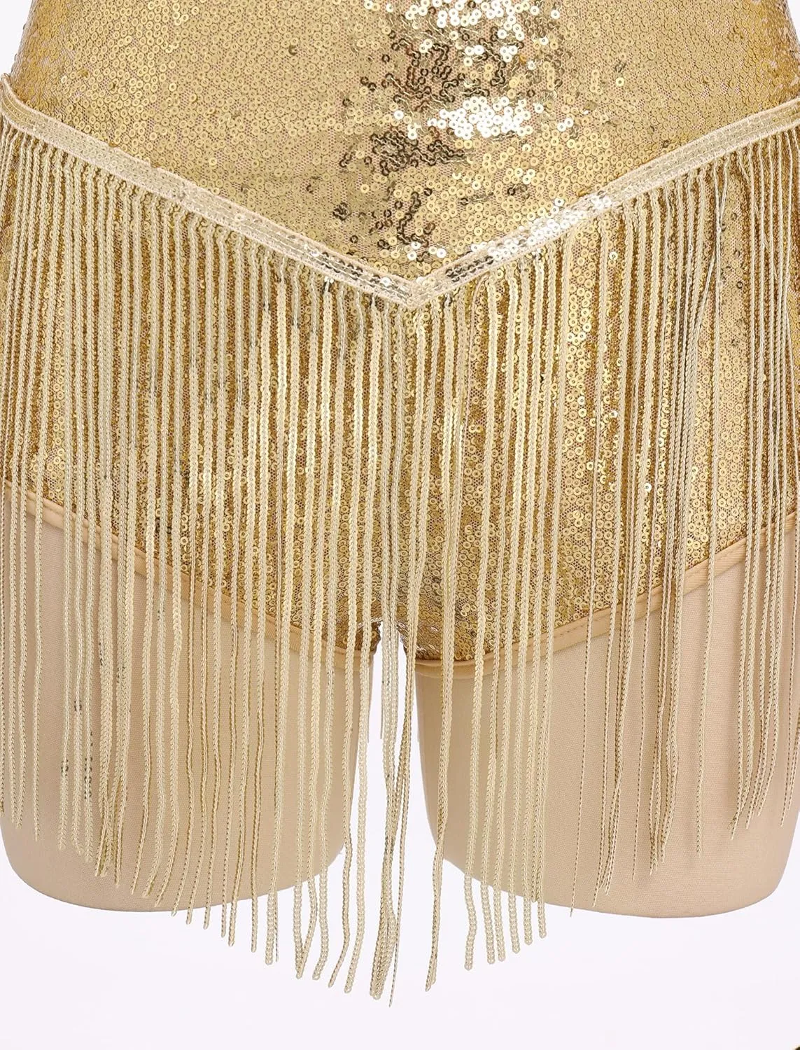 IBAKOM Women Fringe Sequins Bodysuit Latin Jazz Dance Dress Sparkly Tassel Rave Outfits Acrobat Circus Hip Hop Dance Costume