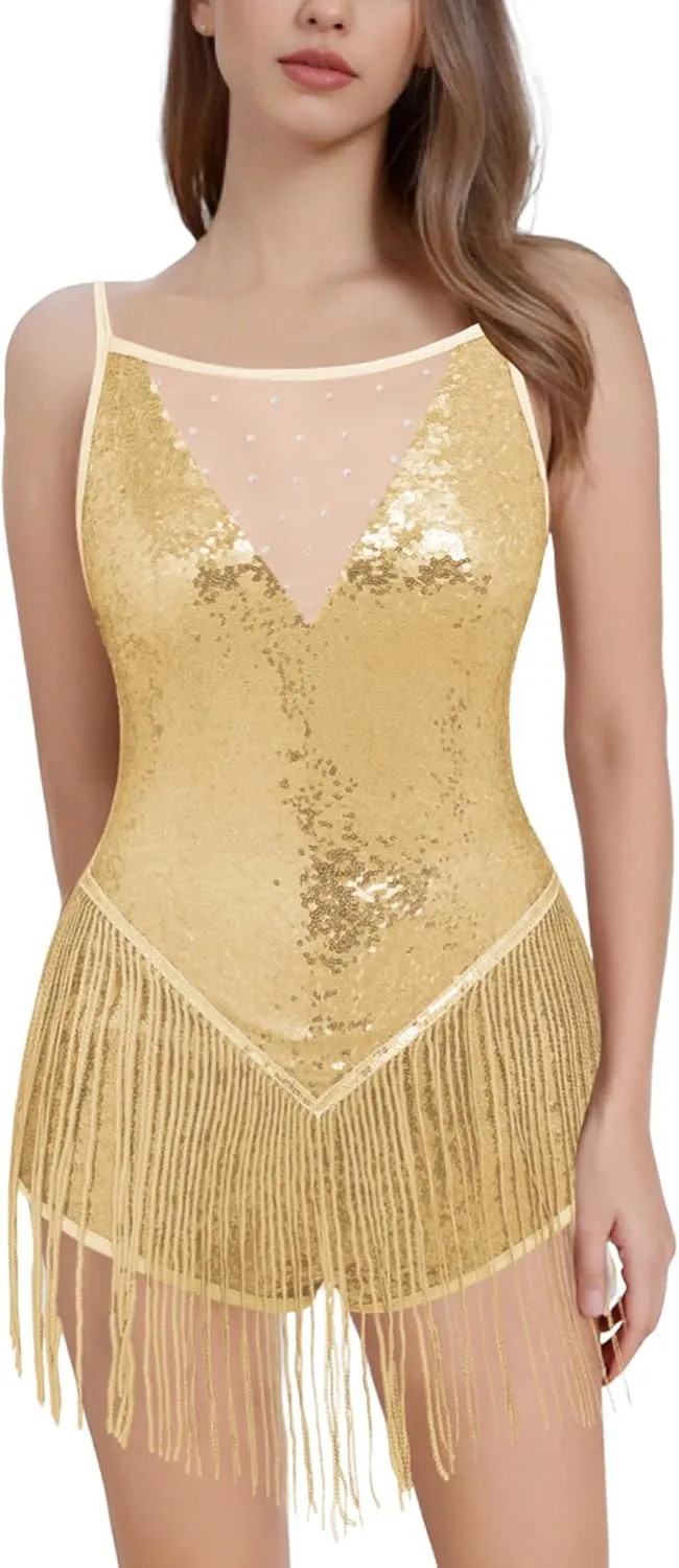 IBAKOM Women Fringe Sequins Bodysuit Latin Jazz Dance Dress Sparkly Tassel Rave Outfits Acrobat Circus Hip Hop Dance Costume