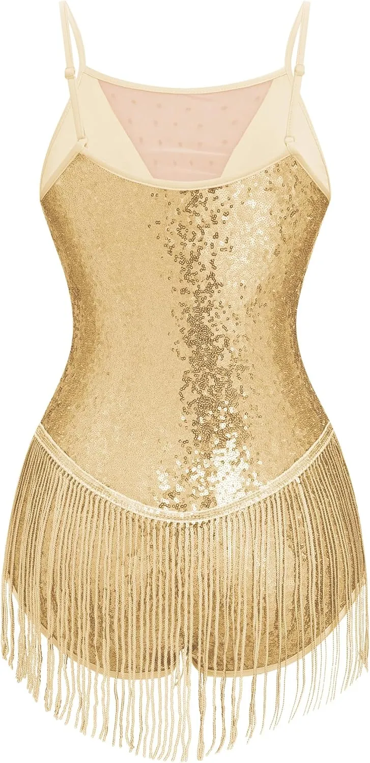 IBAKOM Women Fringe Sequins Bodysuit Latin Jazz Dance Dress Sparkly Tassel Rave Outfits Acrobat Circus Hip Hop Dance Costume